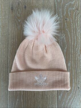 adidas Originals Women’s Light Pink Fur Pom Ribbed Beanie.